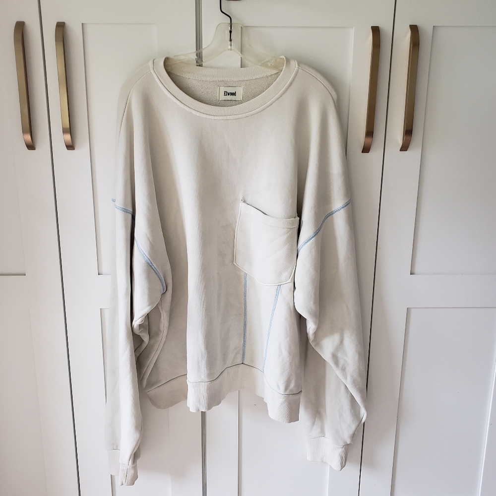Elwood Crewneck Sweater Mens XL Cream Baby Blue Trim Oversized Comfy Sweatshirt